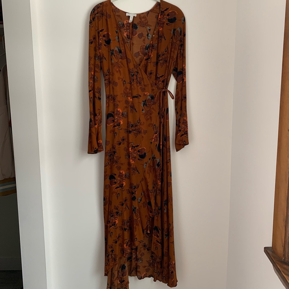 Rust colored floral wrap dress